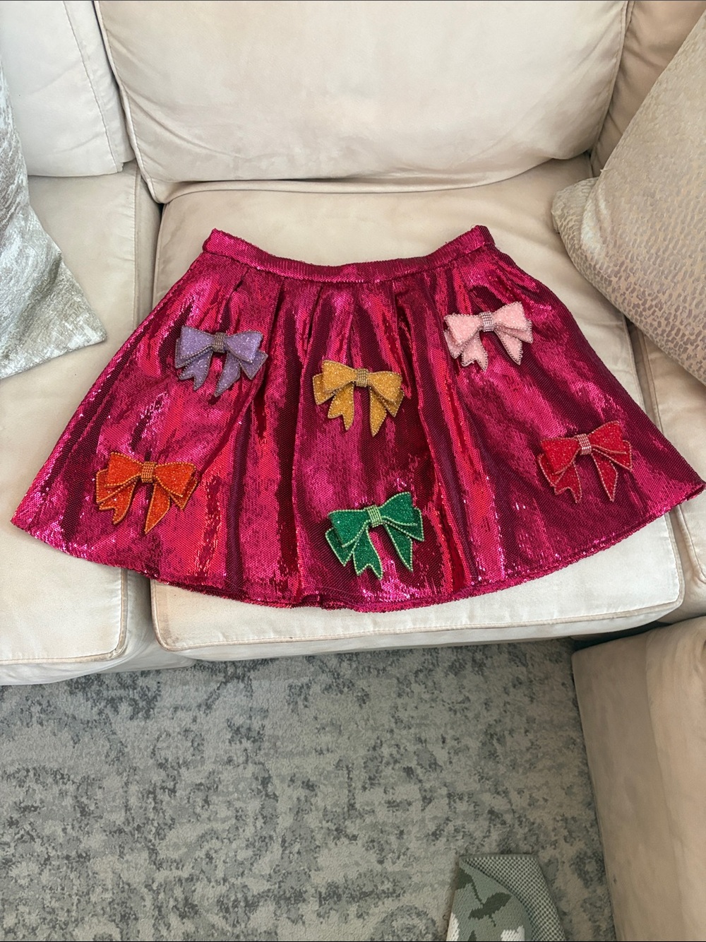 QUEEN OF SPARKLES Hot Pink Sequin Skirt with Multicolor Bow Appliqués
